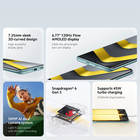 Teal smartphone with slim profile and yellow-black display pattern