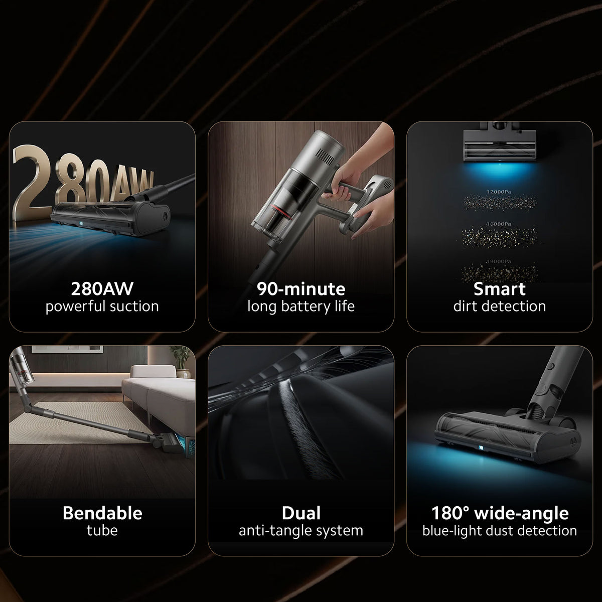 Mijia Vacuum Cleaner 4 Pro feature collage showing suction, battery, detection and brush details