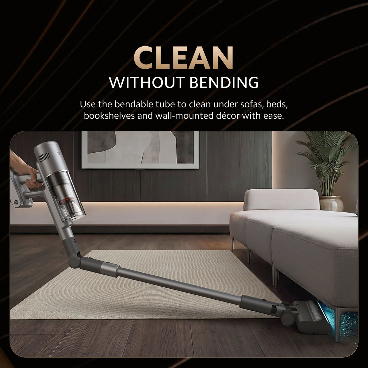 Mijia Vacuum Cleaner 4 Pro with bendable tube reaching under a sofa