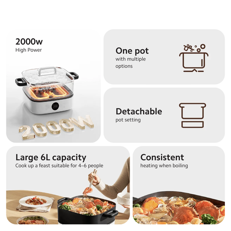 Multifunction hot pot cooker showing control display on the white base