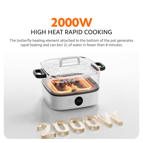 Multifunction hot pot cooker with glass lid and heating base, steam rising inside