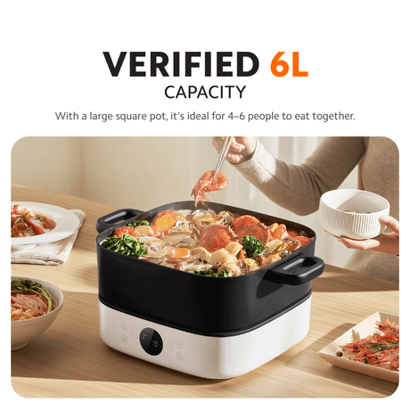 6L multifunction hot pot cooker with black cooking pot and handles on a white base