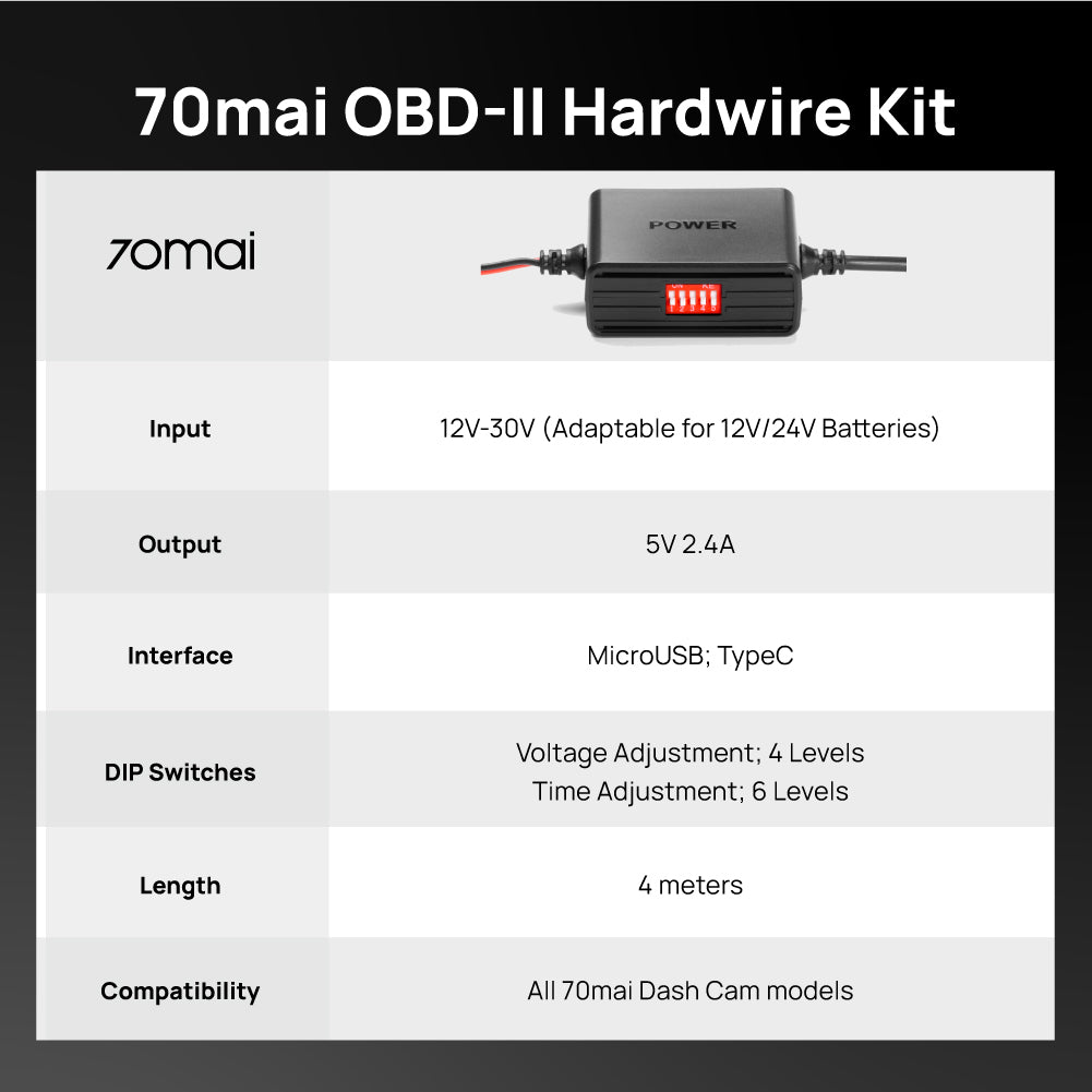 70mai OBD-II Hardwire Kit | 24 Hours Parking Mode | Easy Set Up | Micro USB | Type C