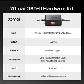 70mai OBD-II Hardwire Kit | 24 Hours Parking Mode | Easy Set Up | Micro USB | Type C