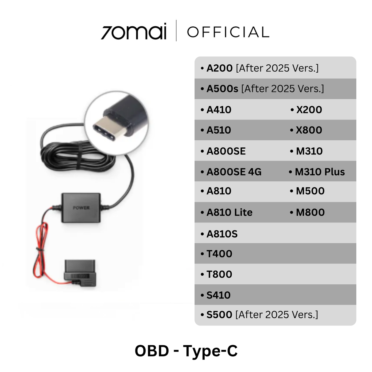 OBD-II hardwire kit with black power module, cable, and Type-C connector