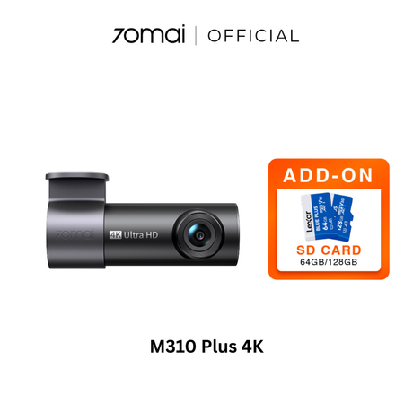 Black car dash cam with lens and add-on SD card shown for 64GB/128GB storage