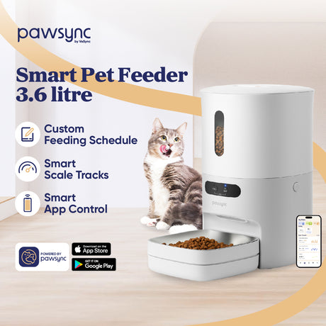 PAWSYNC Smart Pet Feeder 3.6L, weißer automatischer Futterspender mit App-Kontrolle