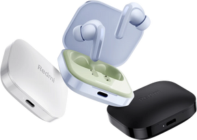 Redmi Buds 5 earbuds with charging cases, shown in white and black colors