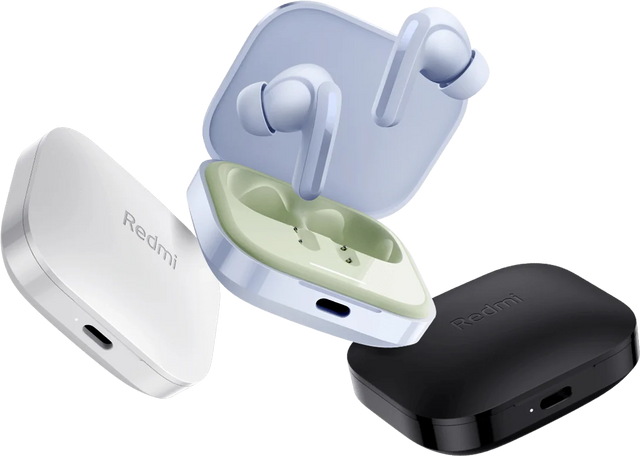 Redmi Buds 5 earbuds with charging cases, shown in white and black colors