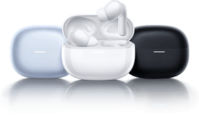 Redmi Buds 5 Pro: white earbuds in open charging case, with light blue and black cases