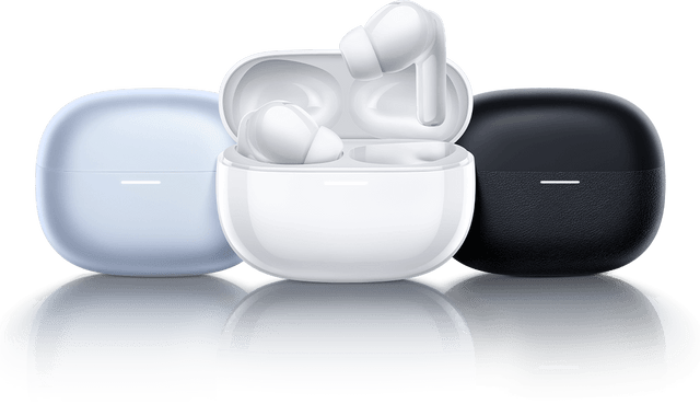 Redmi Buds 5 Pro: white earbuds in open charging case, with light blue and black cases