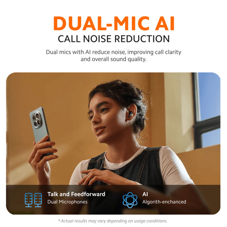 In-ear earbuds worn by a person, dual-mic call use