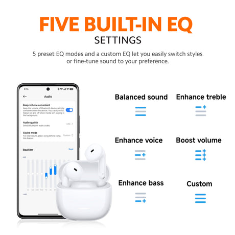 White in-ear earbuds in charging case with on-screen equalizer controls