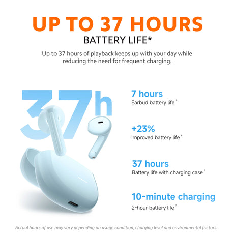 Light blue in-ear earbuds with charging case, one earbud removed