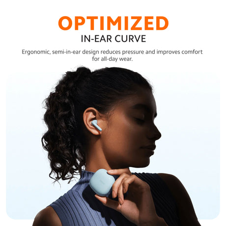 Light blue in-ear earbuds worn by a person, semi-in-ear design