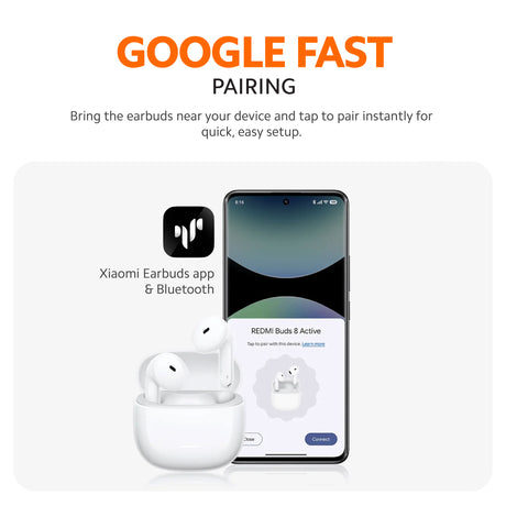 White in-ear earbuds with charging case beside smartphone pairing screen