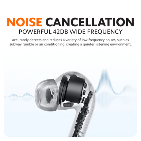 Black wireless earbud with transparent acoustic chamber and sound-wave visualization