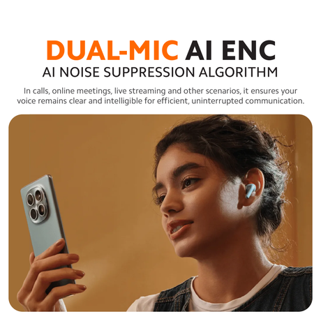 White wireless earbud in a woman's ear while she holds a smartphone