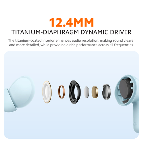 Wireless earbud titanium-diaphragm driver diagram with components in light blue casing