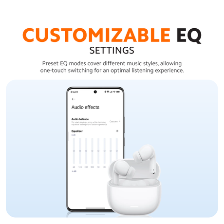 White wireless earbuds with charging case beside a smartphone on-screen interface