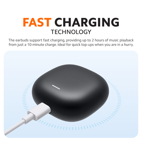 Black wireless earbuds charging case with connected charging cable and LED indicator