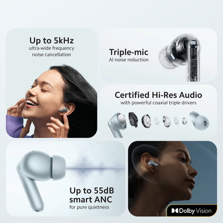 Silver and black wireless earbuds with charging case, multi-angle view