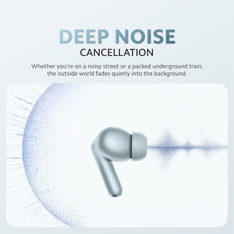 Glacier blue earbuds shown with noise-cancellation effect lines