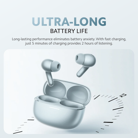 Glacier blue wireless earbuds and charging case shown with battery-life graphic