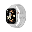 Smartwatch with silver case and light gray silicone strap, rectangular screen
