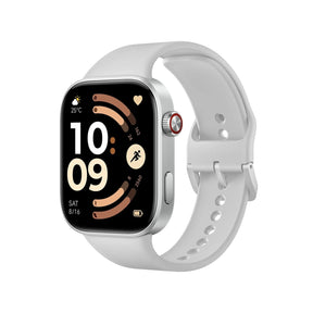 Smartwatch with silver case and light gray silicone strap, rectangular screen