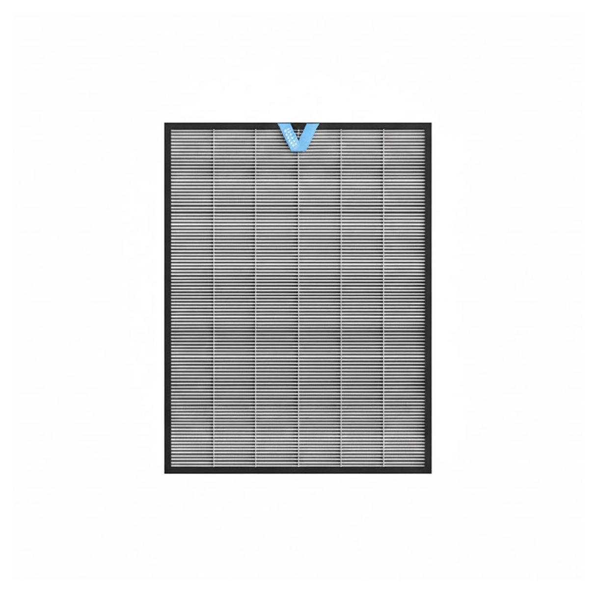 Grey pleated replacement filter panel with blue tab at top center