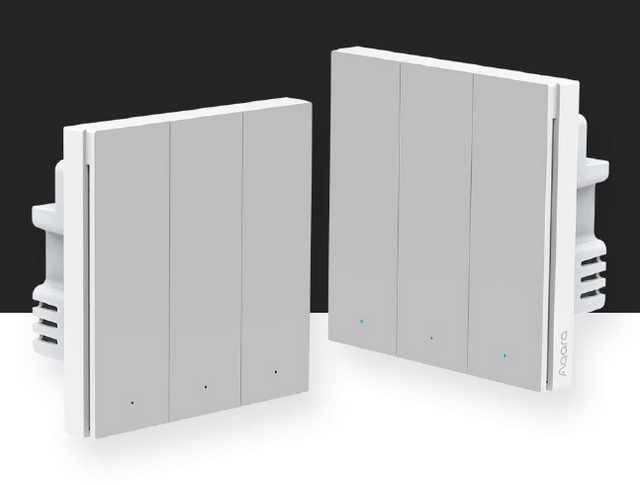 Smart Wall Switch H1 EU, triple rocker—front view, white switch plates