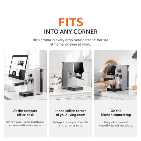 Xiaomi semi-automatic espresso machine shown on compact desks and counters