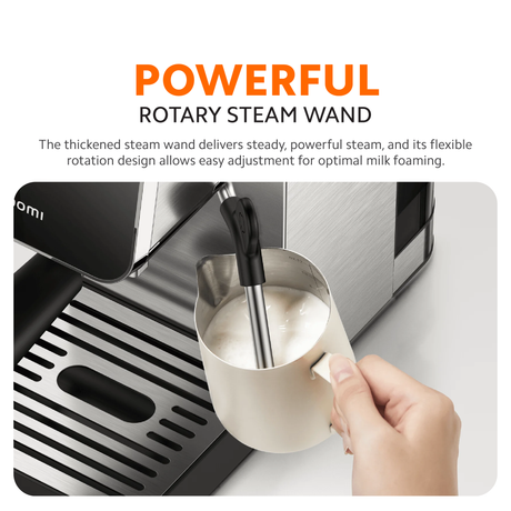 Xiaomi semi-automatic espresso machine with rotary steam wand steaming milk in a cup