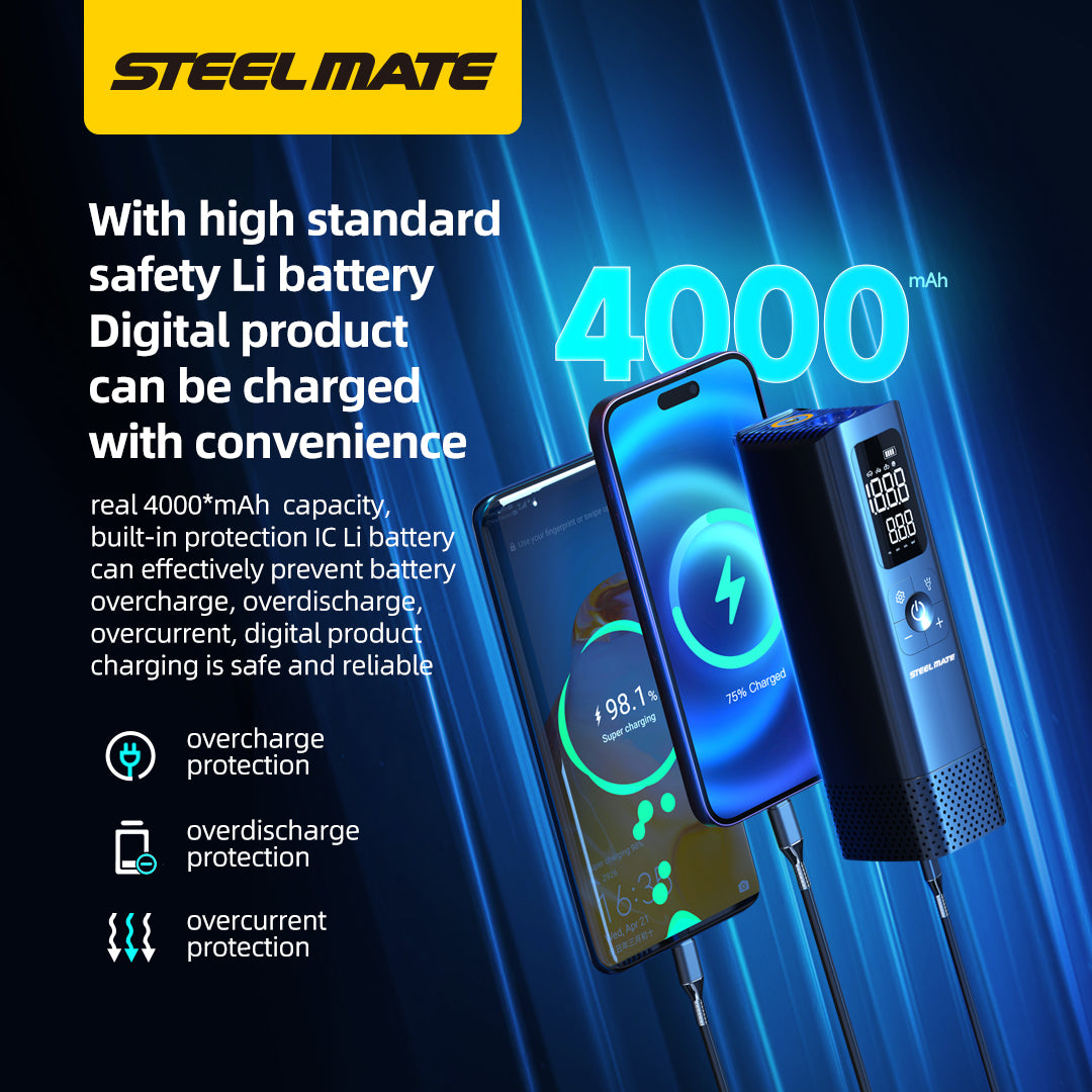 Steelmate Portable Tire Inflator / Mini Air Pump T15-B with LED Light Digital Gauge and 5 Inflation Modes 铁将军