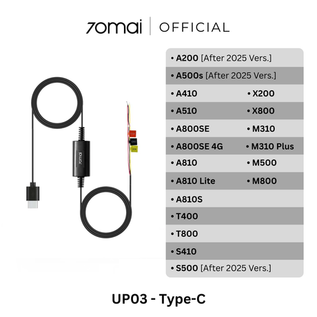 70mai hardwire kit with black inline Type-C cable and two-wire lead