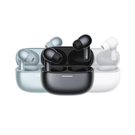 Wireless earbuds charging case with three color options: blue, black, and white