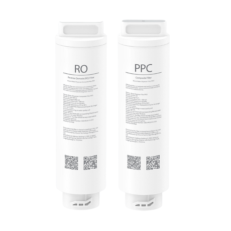 Water dispenser filter cartridges: white RO and PPC replacement cylinders with labels