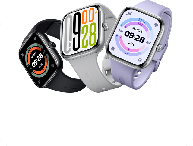 Redmi Watch 5 smartwatches with black, gray, and lavender silicone straps