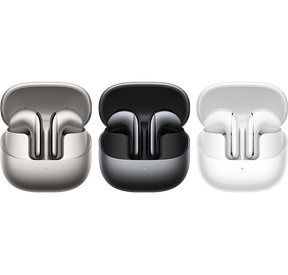Xiaomi Buds 5 charging cases: gray, black, white with earbuds