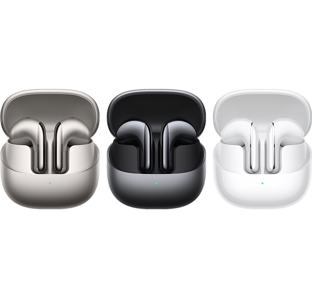 Xiaomi Buds 5 charging cases: gray, black, white with earbuds