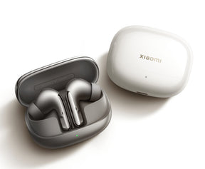 Xiaomi Buds 5 Pro wireless earbuds with charging case, white and dark gray