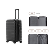 Black hard-shell 20-inch luggage with telescopic handle, spinner wheels, and front divider