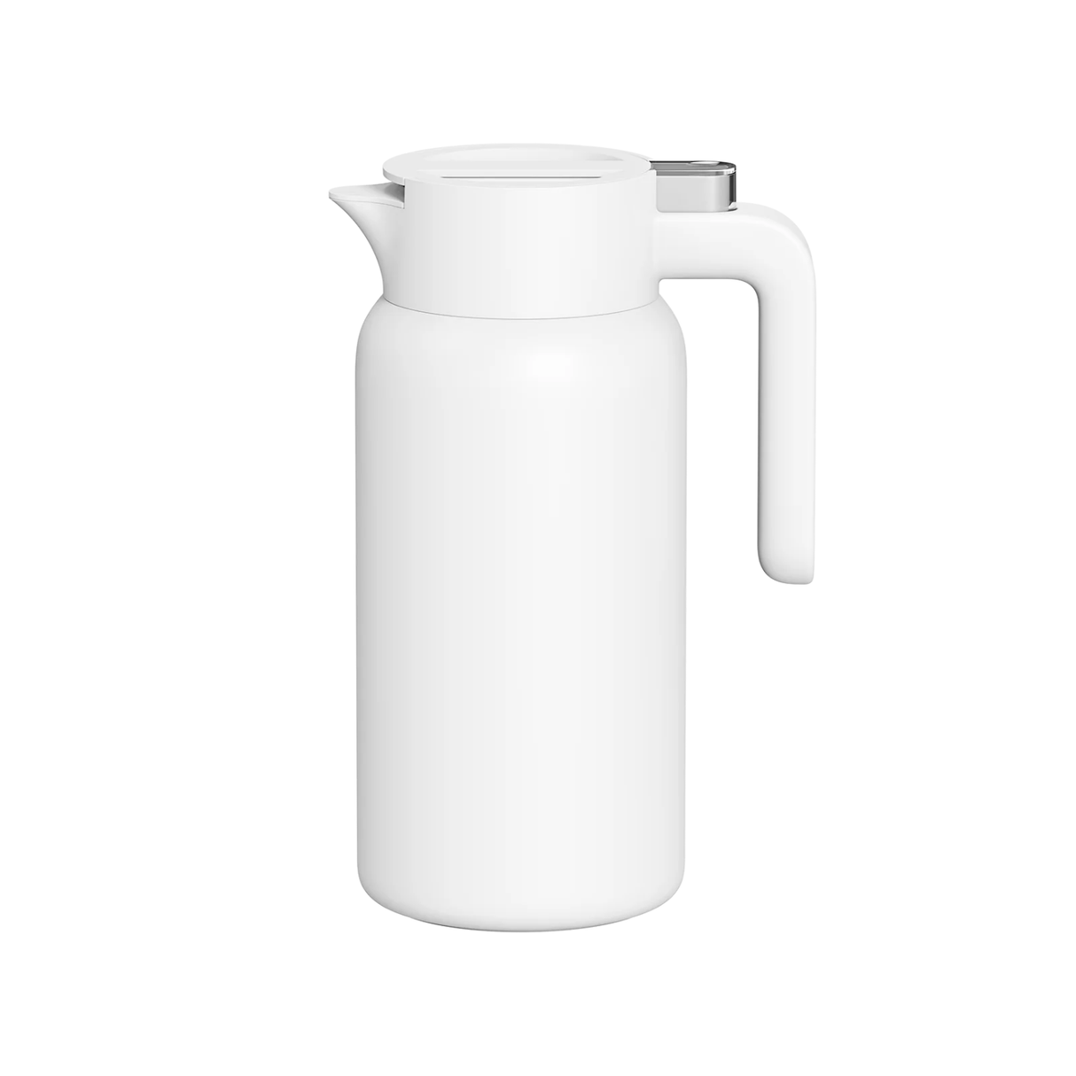 Insulated kettle with white body, curved handle, and stainless lid on top