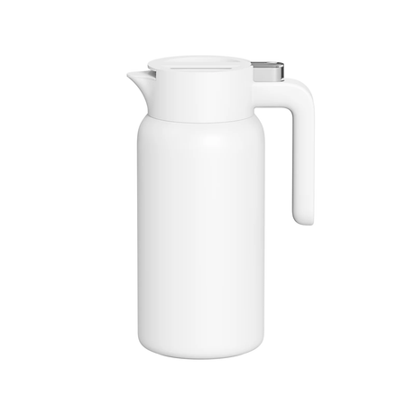 Insulated kettle with white body, curved handle, and stainless lid on top