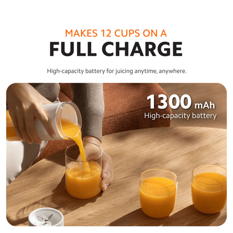 Xiaomi portable blender cup pouring orange juice into small glasses