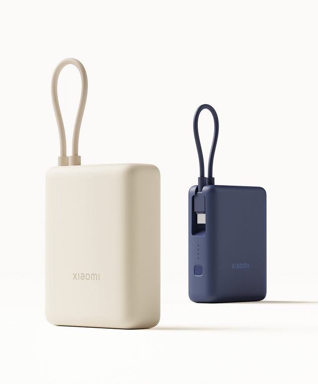 Xiaomi Power Bank 33W 10,000mAh, built-in cable; beige and navy blue shown