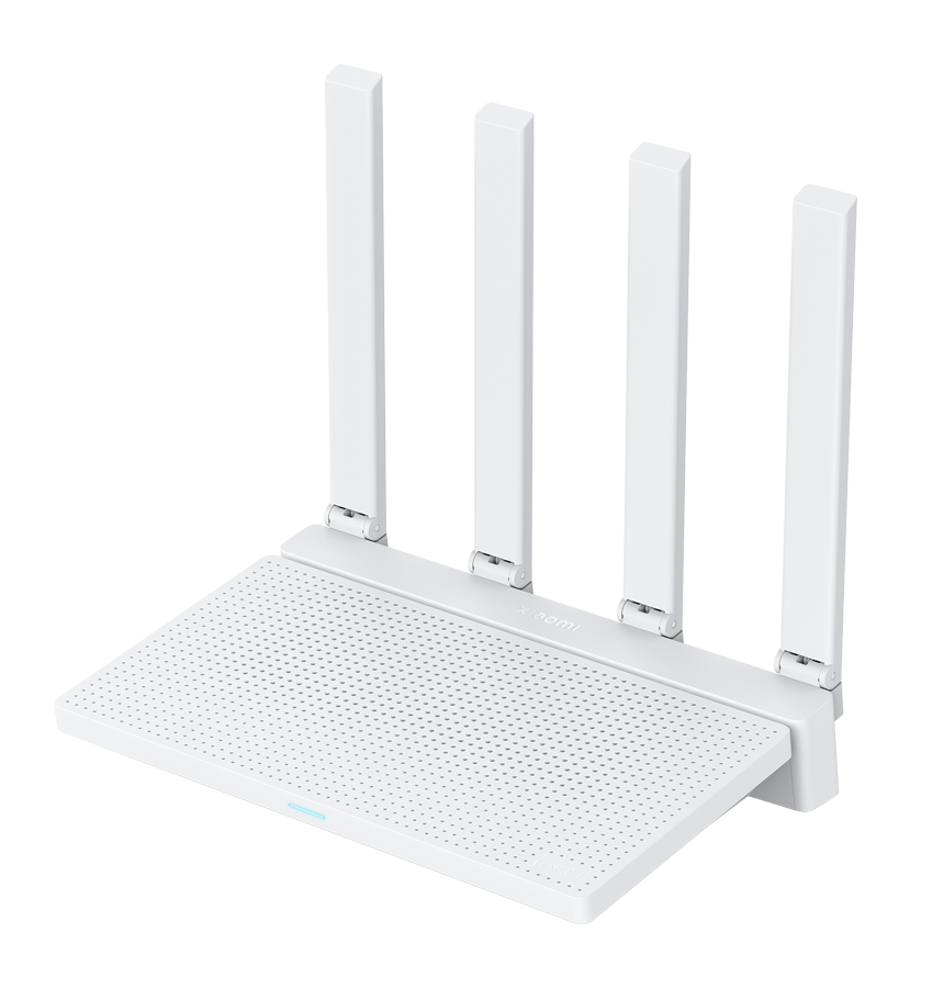 Xiaomi AX3000T router with four white antennas and dotted top panel