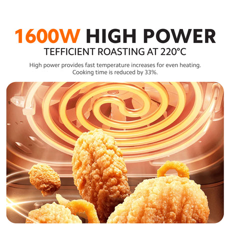 Air fryer cooking chamber with heating glow and roasted food in the basket.