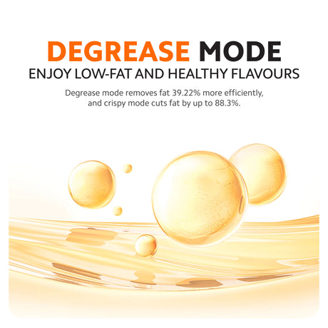 Air fryer with cooking chamber glow and grease-removal oil droplet graphic.